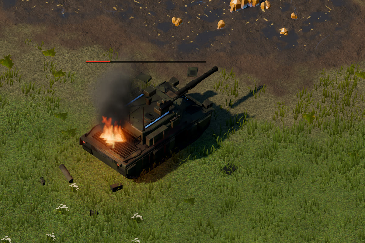 Beschädigter Panther-Panzer, auf dem Motordeck schlagen Flammen hoch, schwarzer Rauch steigt auf.