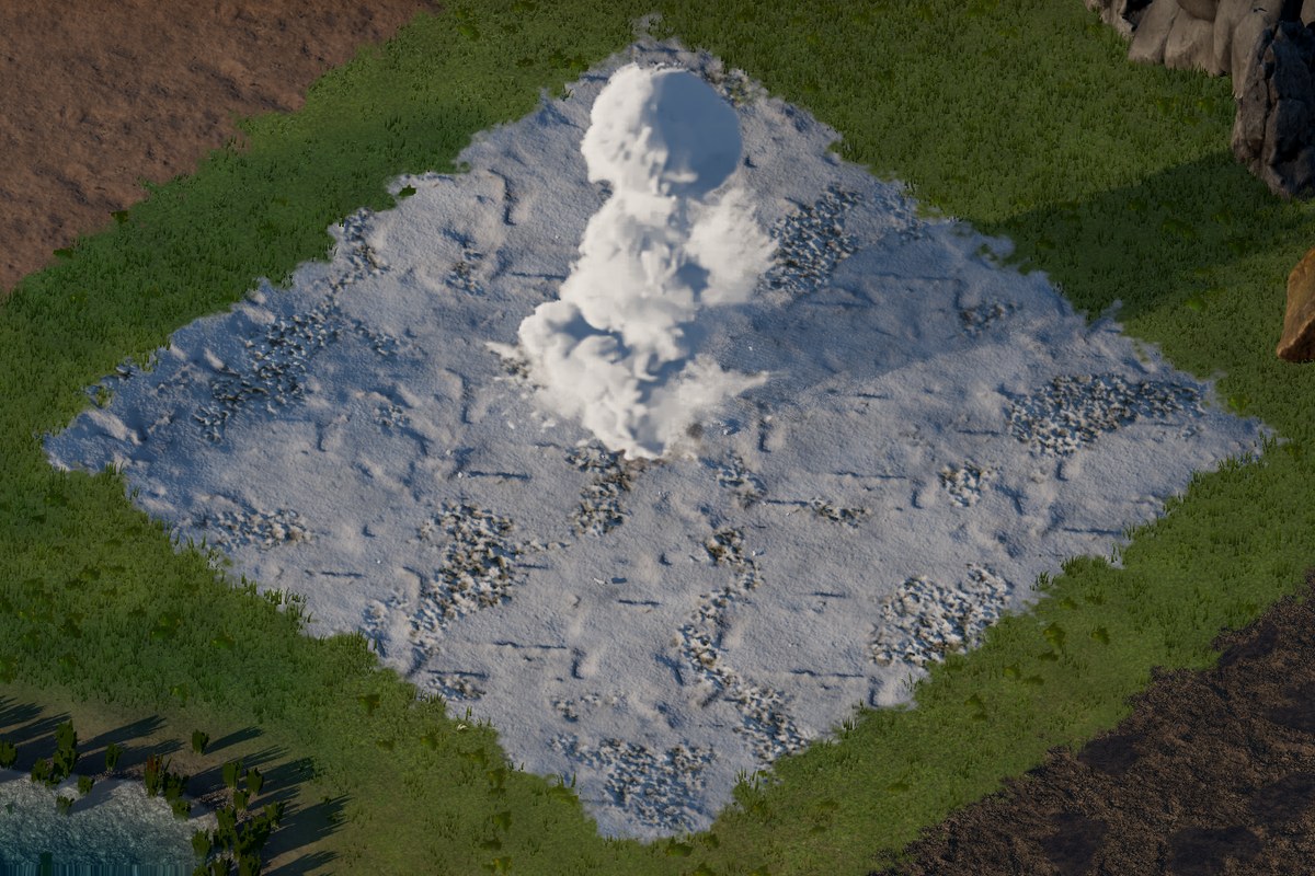 Ein Einschlag im Schnee: Pulverschnee stiebt als weiße Wolke hoch, darunter dunkle Erde.
