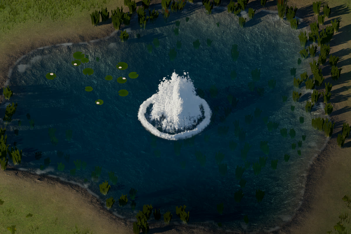 Eine Granate schlägt in einen Teich ein: Eine weiße Wassersäule steigt auf, rundherum breitet sich eine Krone aus Gischt auf dem Wasser aus.